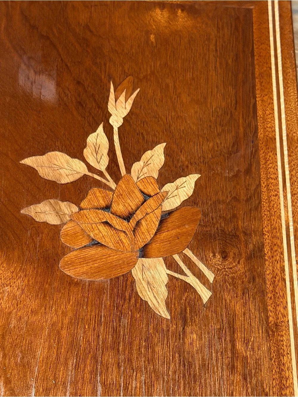 Vintage Brazilian Marquetry Jewelry Box Floral Wood Inlay Velvet Lined